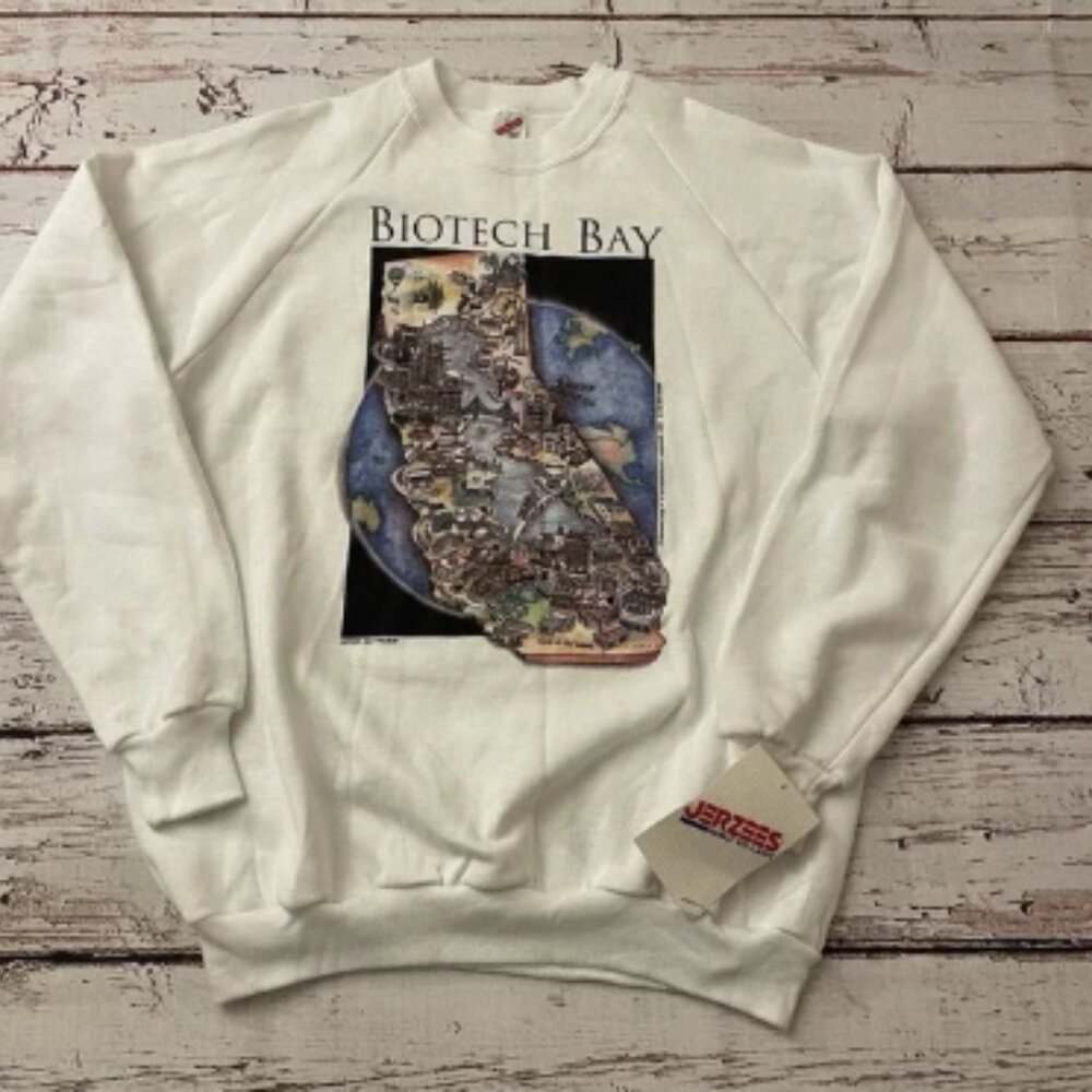 Vintage 1991 Biotech Bay California Jerzees Size XL‎ Sweater Made In USA White
